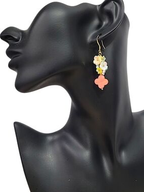 Hand Crafted Coral Quatrefoil Floral Drop Earrings - Pink & Yellow